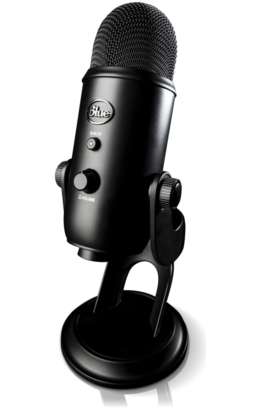 Black recording microphone against a white background
