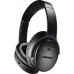 Black, over-ear headphones against a white background