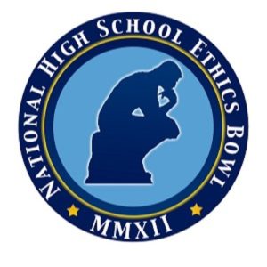 Light blue circle with a silhouette of Rodin's "Thinker", surrounded by dark blue edging with white lettering saying: "National High School Ethics Bowl"